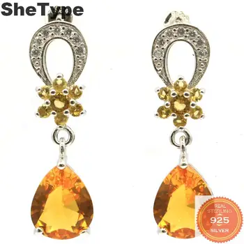 

31x9mm Gorgeous Created Golden Citrine Natural CZ Gift For Girls Real 925 Solid Sterling Silver Earrings