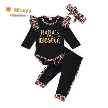 

Autumn 3 Pcs Newborn Leopard Outfits Infant Long Sleeve Round Neck Ruffle Letter Print Romper High Waist Trousers Bow Headband