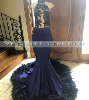 

Long Sexy Prom Dresses 2020 Halter Mermaid Style African Black Girl Navy Blue Feather Women Prom Party Dress