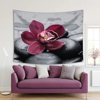 

Tapestry Orchid on Spa Stones Waterdrops Exotic Relaxing Aromatherapy Concept Photo Burgundy Black