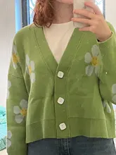 Estilo Preppy de punto con flores Cardigans suéter mujeres cuello en V suelto elegaht Thicked Pull Femme imprimir abrigo corto Casual