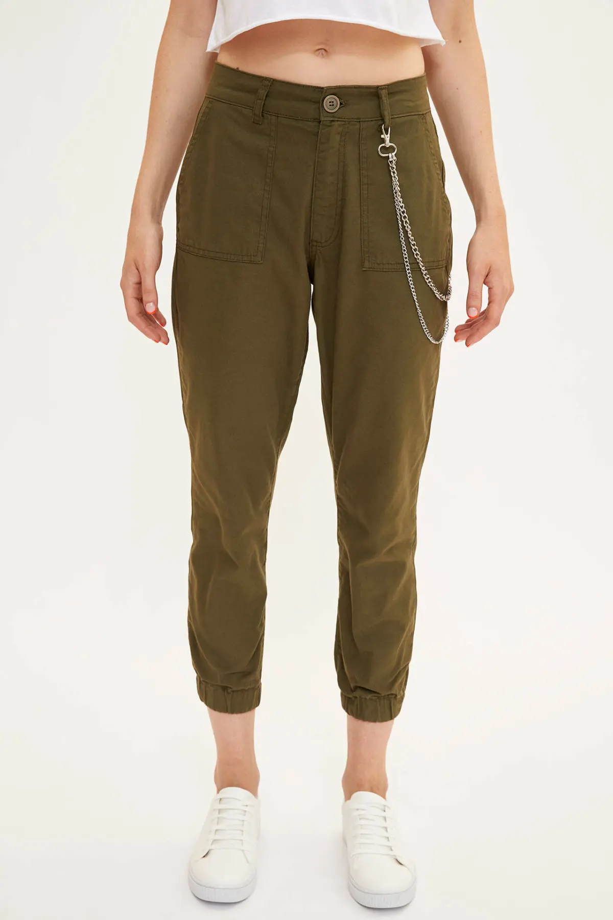 

DeFacto Fashion Women Mid Waist Crop Pants Solid Color Chain Casual Ladies Loose Button Trousers Female Comfort -L3056AZ19AU