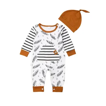 

0-24M Baby Clothes Set Newborn Kid Baby Girl Boy Feather Clothes Romper Jumpsuit Hat Autumn Outfit 3Pcs