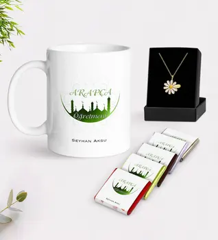 

Personalized Arabic Teacher White Mug Chocolate and Is Daisy Necklace Gift Seti-2