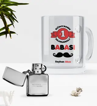 

Personalized World 1 Number Father Glass Mug Cup Gasoline Metal Lighter Set