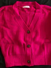 LUNDUNSHIJIA 2020 nueva primavera y otoño de las mujeres es holgado de punto suéteres señoras con cuello en V y manga larga de moda Rosa Cardigan rojo abrigos