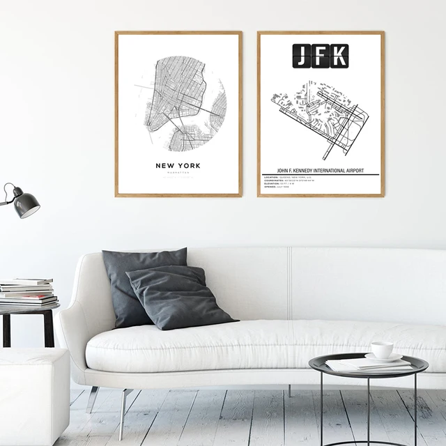 New York City Map Travel Art Print New York JFK John F. Kennedy  International Airport Map Poster Canvas Painting Wall Art Decor - AliExpress