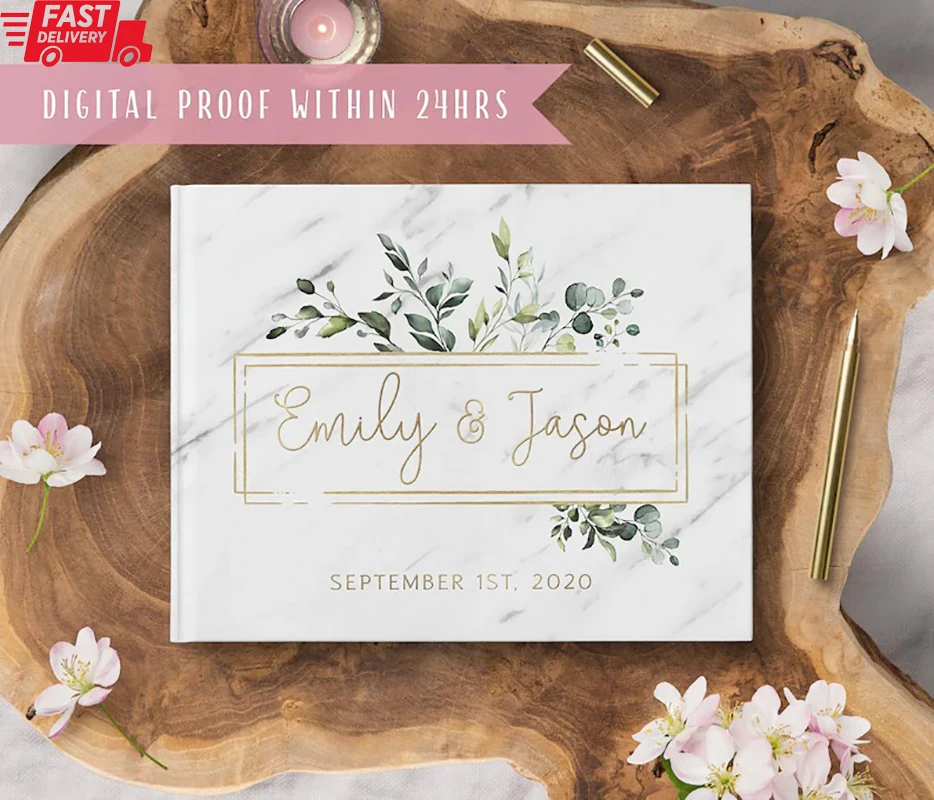 Personalized Marble Cover Wedding Guest Book Alternative Guestbook Floral Flower Any Languages Photo Album Calligraphy