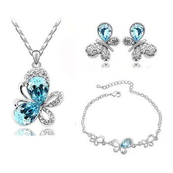 

Angemiel Blue Crystal Cubic Zirconia Double Butterfly Necklace Earrings Bracelet Jewelry Set