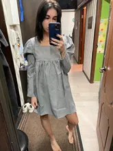 Plaid Dress Puff-Sleeve Square Collar Bclout Black White Sexy Vintage Autumn Casual Woman