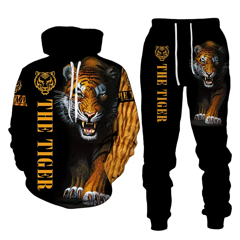 The Tiger 3D Printed Men's Hooded Sweatshirt Set Pants Sportswear Tracksuit Long Sleeve Autumn Winter Clothing Suit | Мужская одежда