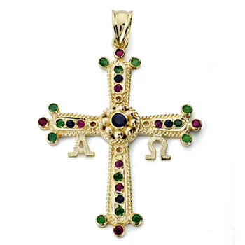 

Cross Pendant 18k gold Covadonga 40mm. Fine stones colors blue green purple Alpha Omega