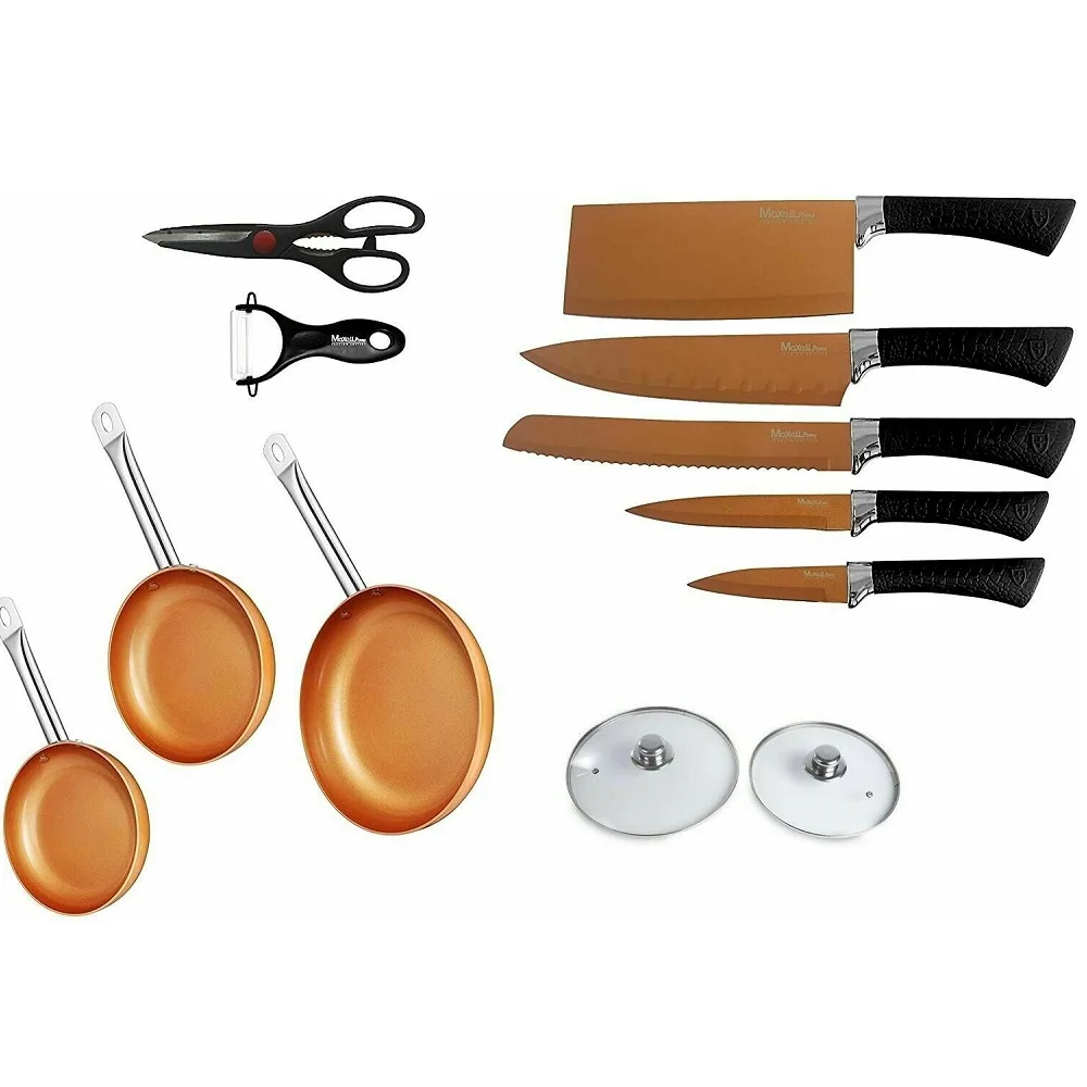 Copper Nonstick Pans Set Knives Scissors Cookware Sets Set 3