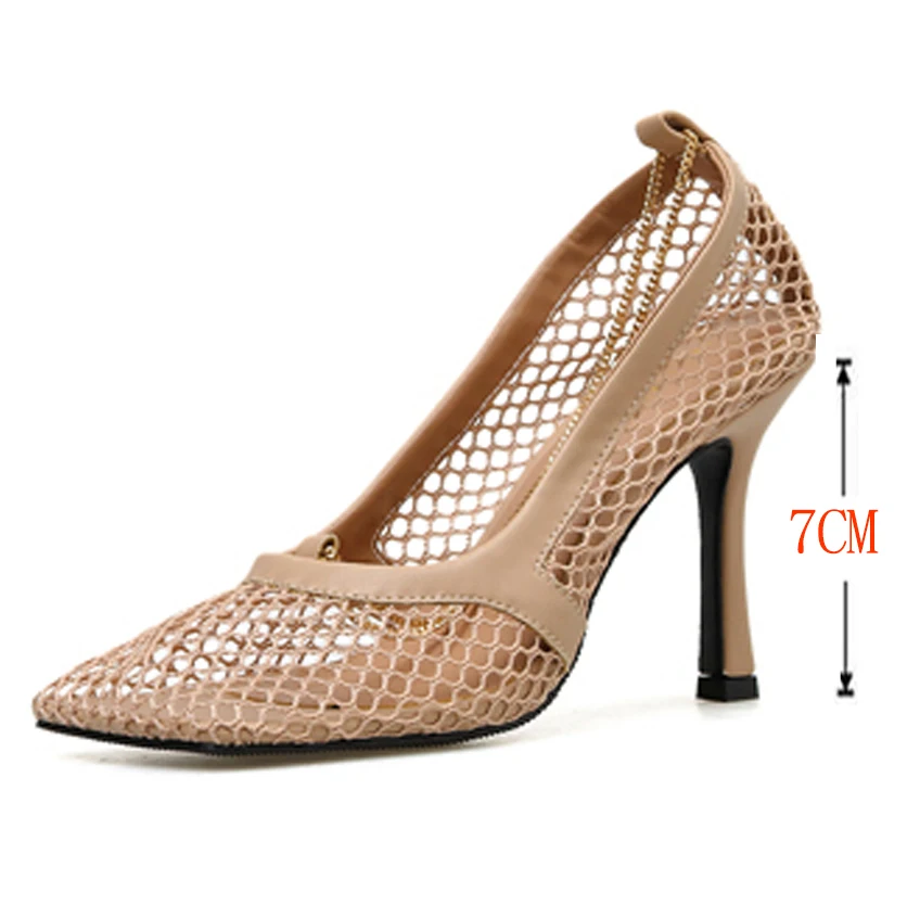 Aneikeh NEW Shoes Women Square Toe Hollow Out Mesh Pumps High Heels Ankle Chain Decor Summer Shoes Black Sexy Slip On Pumps - Цвет: Nude color(7CM)