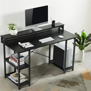 

55" Home Office Computer Desk W/ Open Storage Shelves Large Modern Studying Writing Desk Workstation Built-in Hutch Black
