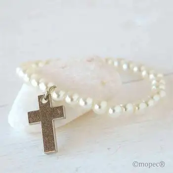 

White DIY beads bracelet with cross metal. Lot 12 Units. Details for female guests to a First Communion or Catechesis