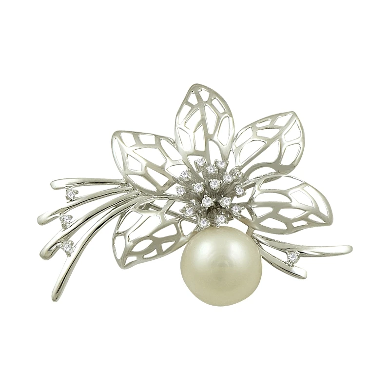 

Silver 925 Sterling Natural Freshwater Pearl & Zircon Crystal Brooch
