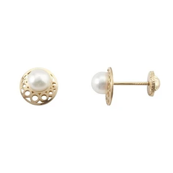 

18K gold earrings small circles cultured pearl 4.5mm. Girl screw clasp