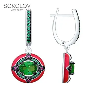 

SOKOLOV drop earrings with stones in silver with enamel and green glass-ceramic and cubic zirconia fashion jewelry 925 women's male, long earrings