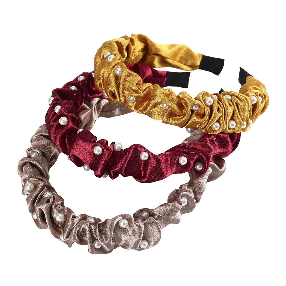 

New Fashion Hair Hoop Satin Headband Pearl Pleated Elastic Hairband for Women Print Hair Accessories Volume Wave Bezel Headwear