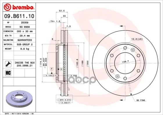 Диск Тормозной Передн, Hyundai: H-1 Cargo 08-, H-1 Travel 08- Brembo арт. 09.B611.10