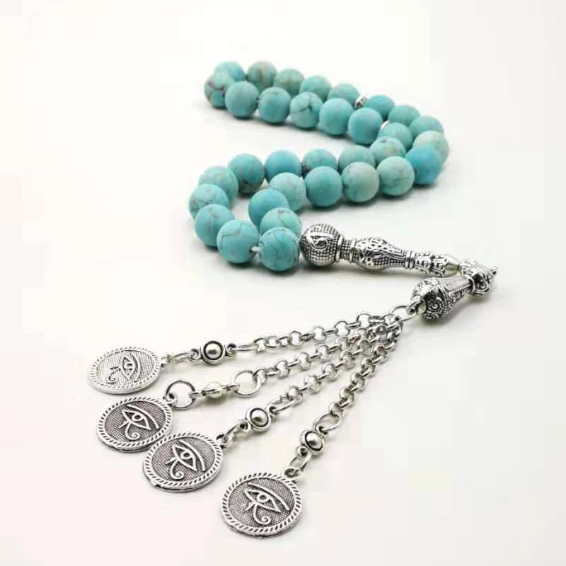 Натуральный Матовый бирюза Tasbih мусульманский браслет четки Исламский подарок молитва бусины 33 66 99 бисер субха