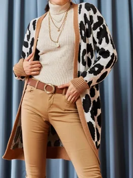 

Leopard Pattern Long Cardigan with cream color stripe Fashion Spring Summer Autumn Boutique Lion