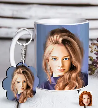 

Personalized Women 'S Artistic Portrait Design White Mug and Keychain Gift Seti-6