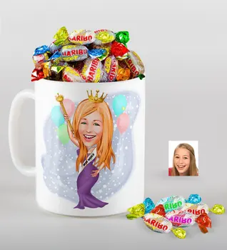 

Personalized Miss World Caricature Of mug And Haribo Fruitbons Candy Gift Set Reliable Quality Gummy Darling Candy love