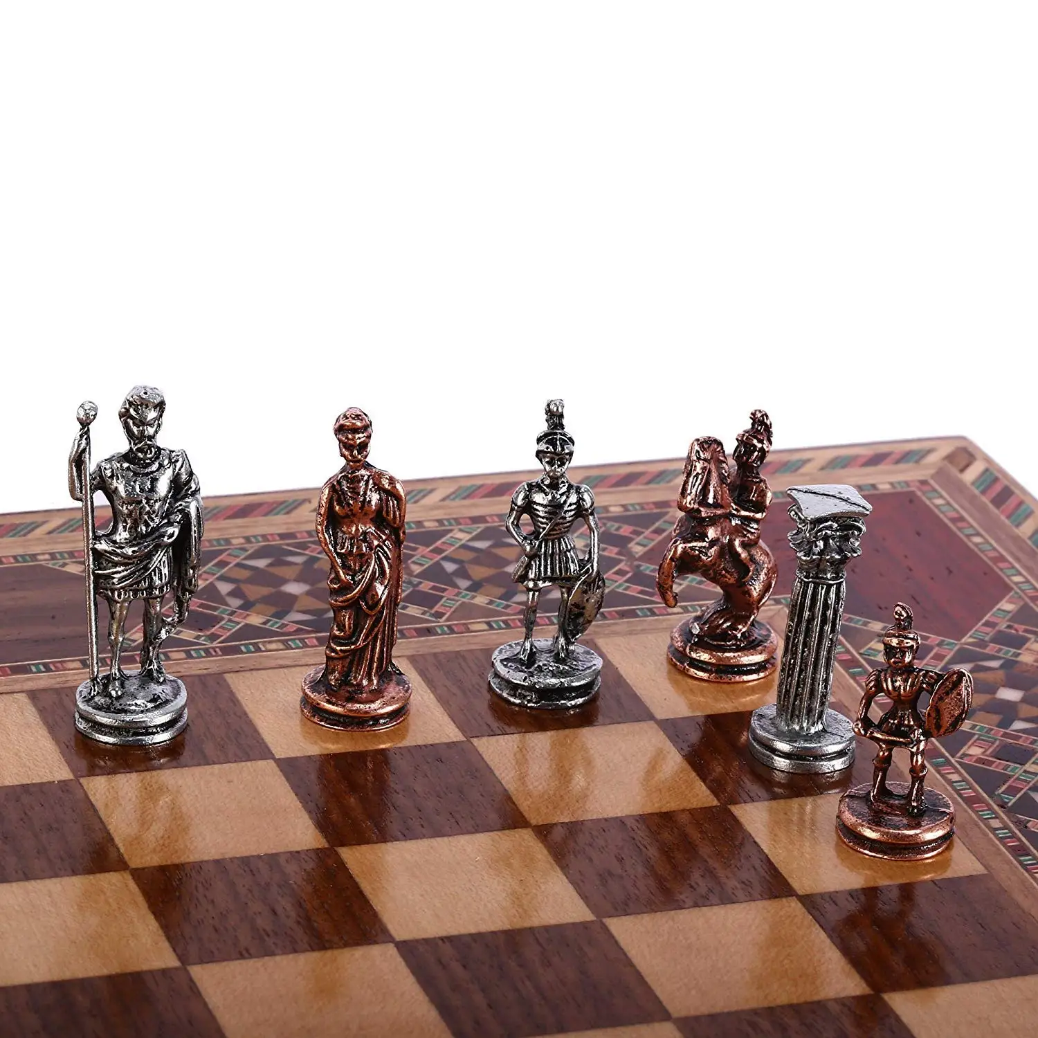 完全送料無料 メタルチェスセット 銅 ローマ帝国 木製チェスボード 大理石風 Historical Antique Copper Rome Figures Metal Chess Set For Adults Handmade Pieces And Marble Design Wood Board King 4 3 Inc Fucoa Cl