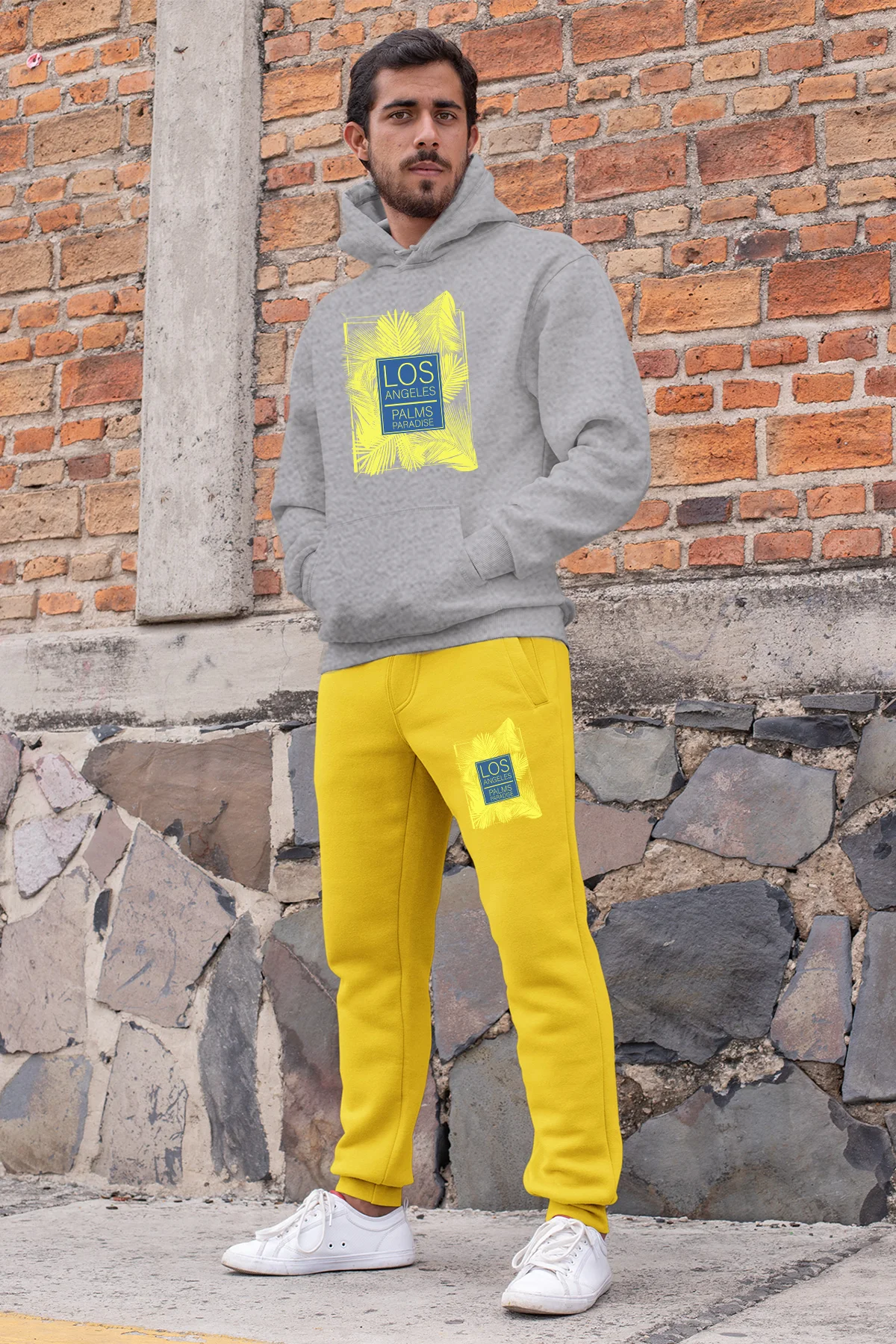 Angemiel Wear Los Angeles Palm Paradise Men Tracksuit Set Gray Hooded Sweatshirt Yellow Sweatpants | Мужская одежда