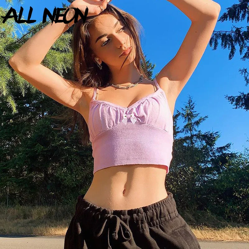 ALLNeon Y2K Fashion Slim Spaghetti Strap Bow Milkmaid Tops Cute E-girl Vintage Solid V-neck Cropped Tops 90s Fashion Pink Camis