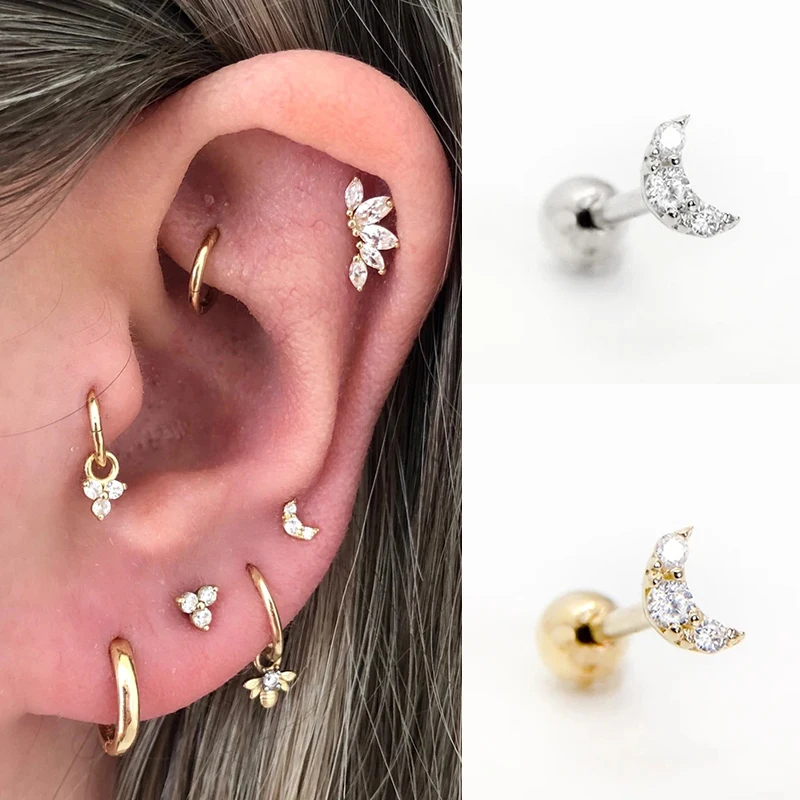 Pendientes Piercing Plata de primera ley para mujer, aretes, Plata esterlina 925, purpurina, estilo minimalista, con broche de Luna, aniversario, boda