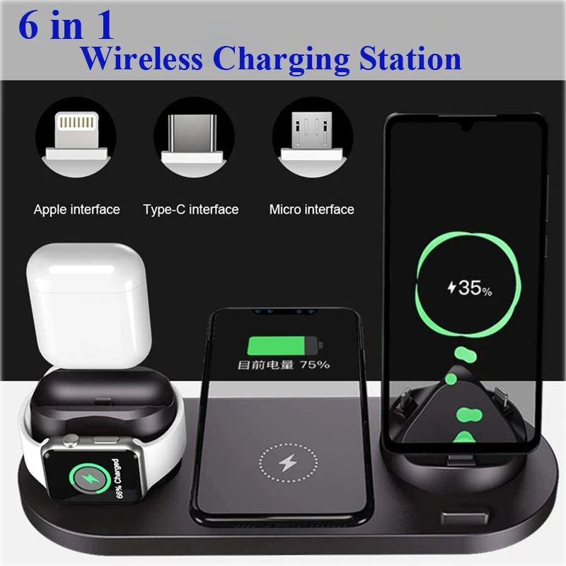 Беспроводное зарядное устройство 6 в 1 QI для IPhone 13 12 pro max Apple iWatch SE 5 4 3 2 AirPods Pro Samsung