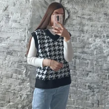 Plaid Sweater Waistcoat Pullovers Female Vest Women Simplee Knitted Black Korean-Style