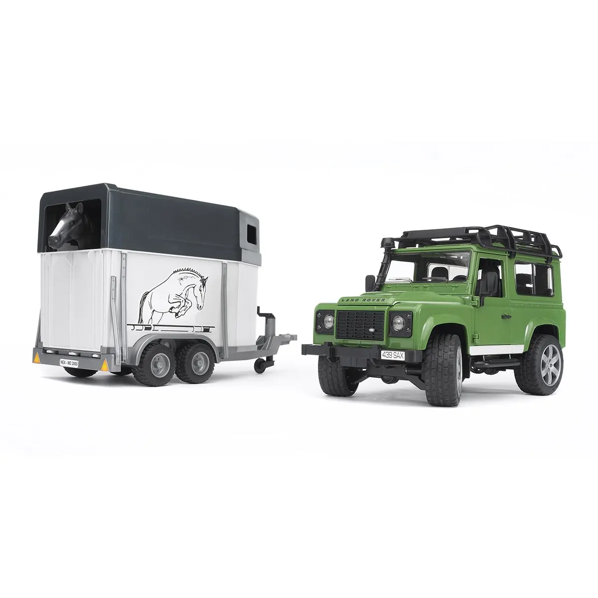 Внедорожник Bruder Land Rover Defender с прицепом коневозкой и лошадью| |