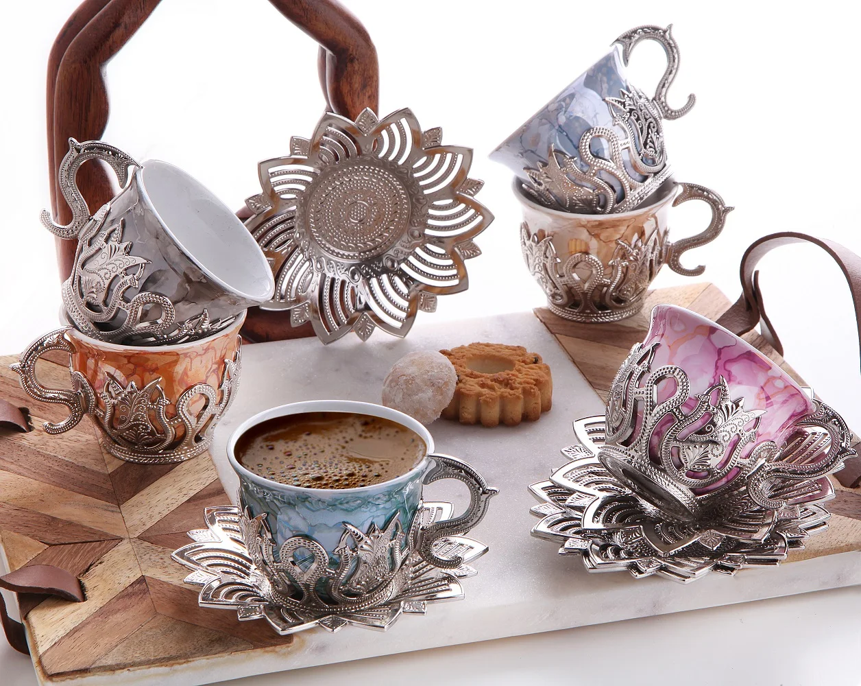 

Turkish Coffee Set - Silver Color - Colorful Cups
