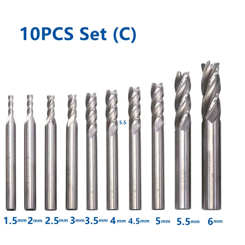 10PCS 세트 결합 된 HSS 엔드 밀 4 플루트 고속 강철 밀링 커터 1.5mm - 12mm CNC 금속 밀링 도구 세트