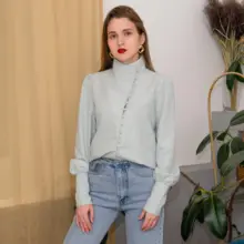 Turtleneck Blouse Puff-Sleeve White Shirt Ladies Top OOTN Office Elegant Casual Solid