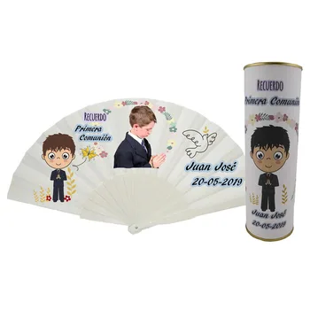 

Sell You batch/personalized fan made from plastic rods with photo communion child with drawing praying with personalized tin