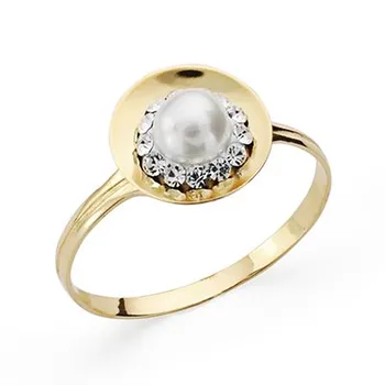 

Ring 9k gold pearl center zircons round communion [AA7528]