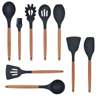 

9PCS Kitchen Cooking Tool Set Silicone Spatula Spoon Brush Non-stick Shovel Pasta Server with Wooden Handle Home Kitchenware