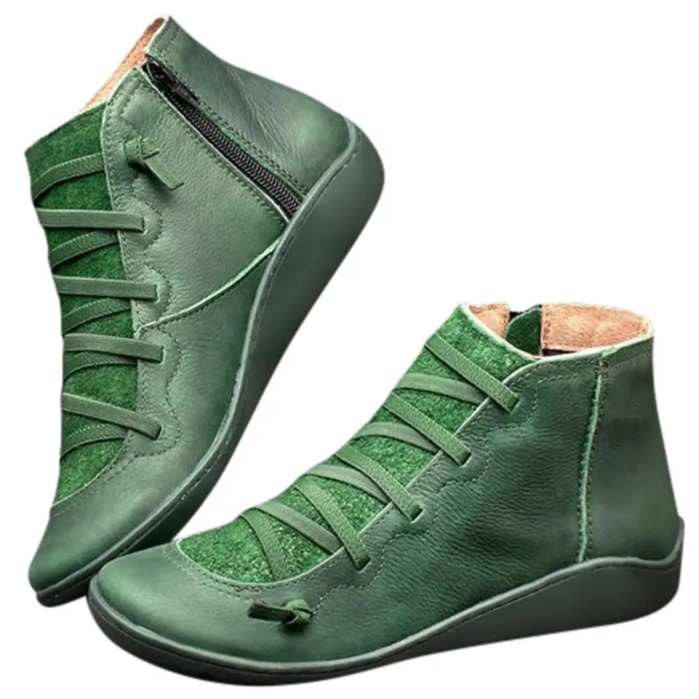 Women's Snow Boots Vintage Leather Boots Flat Waterproof Winter Round Toe ankle boots for women Versatile Platform boots women - Цвет: Зеленый