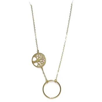 

Collar de Oro Amarillo de 18k con Cadena Forzada Ligera con Karma de 1.30cm de diámetro y árbol de la Vida