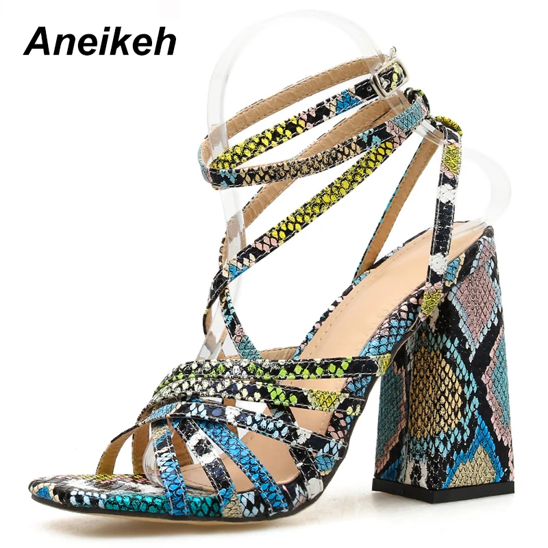 

Aneikeh Leopard Print Shoes Woman Heeled Sandals Ankle Strap Pumps Super High Heels 11CM Peep Toe Gladiator Buckle Strap Shoes