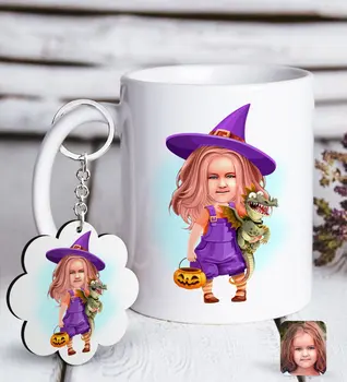 

Personalized Female Child Small Witch Caricature Of White mug And Keychain Gift Seti-1