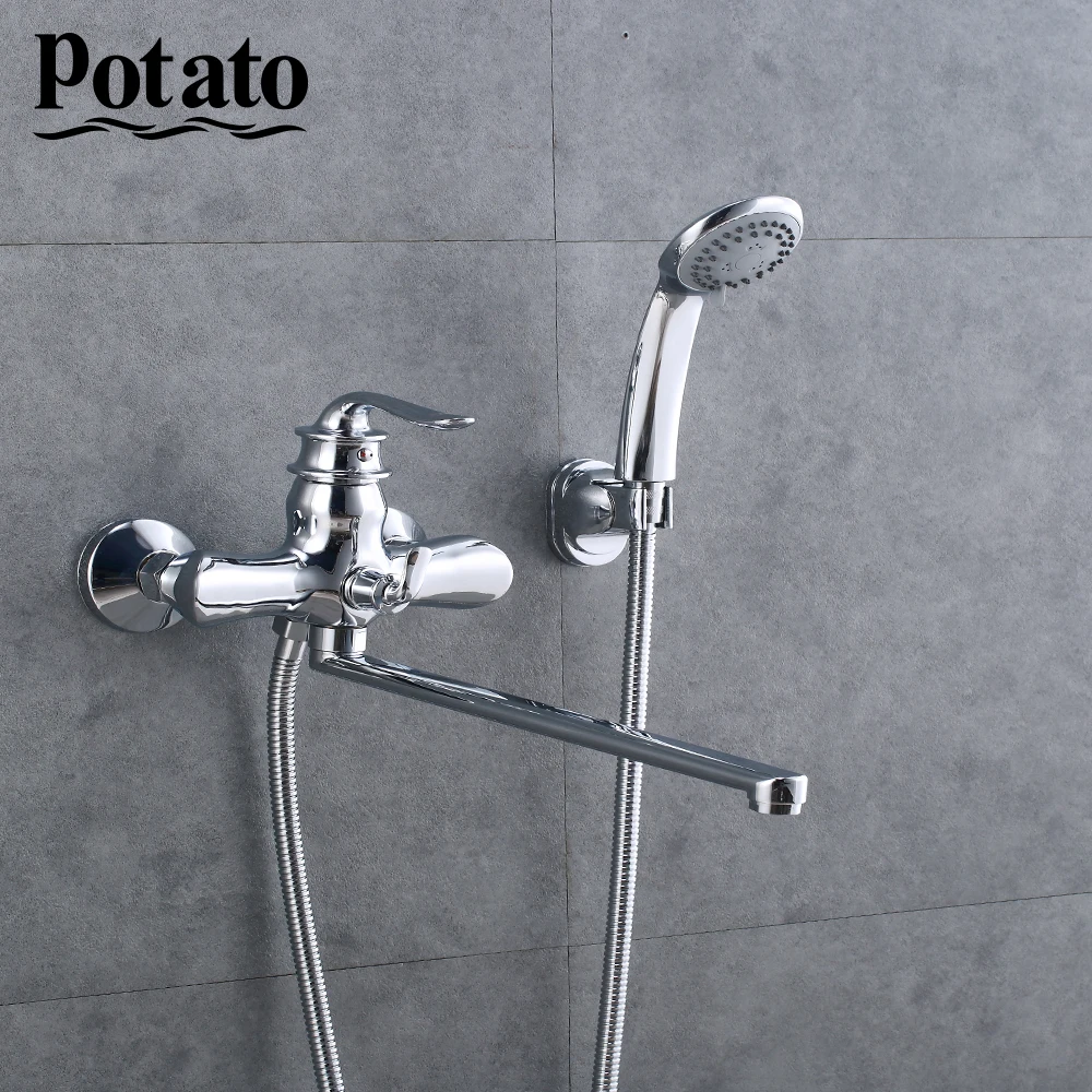 Potato Выпускная труба хромированная Ванна смеситель для душа горячая и холодная вода кран для ванной комнаты с ABS насадкой для душа 3 цвета p22219 - Цвет: p22219