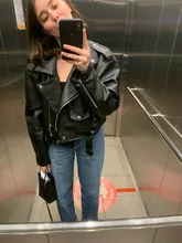 Jacket Short Winter Coat Faux-Leather Mozuleva Black Women Retro PU Turn-Down-Neck Loose