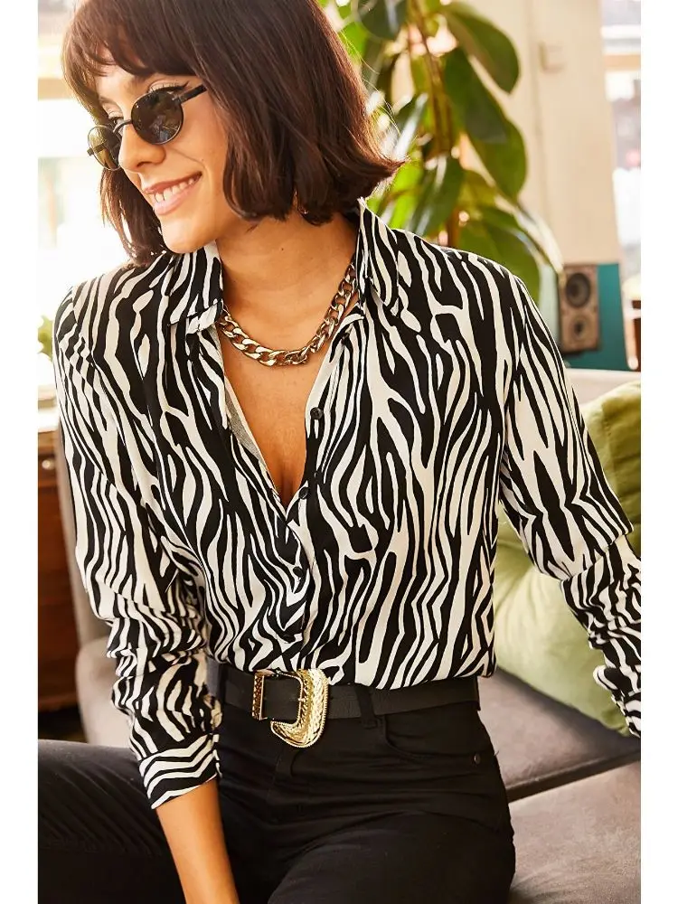 Woman Shirt Black Colour Zebra Patterned Long Sleeve 2022 Fashion Spring Summer Viskon Turkish Style Free Shipping |