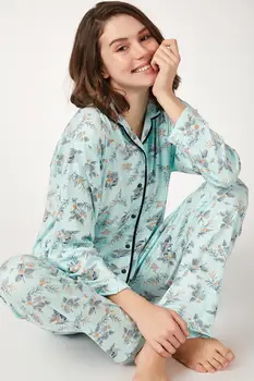 

Happiness ist. Women's Pattern Bottom Top Knitted Pajamas Set